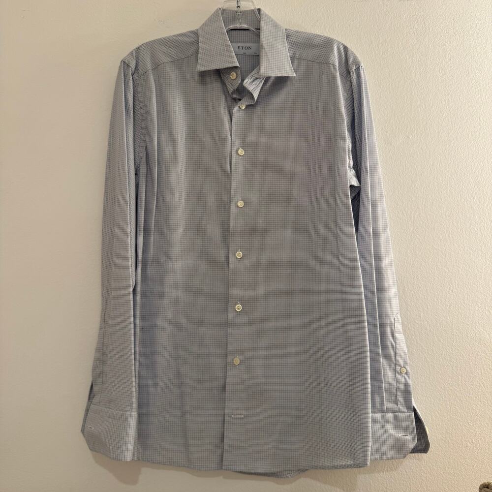 Eton Slim Fit Blue White Micro Check Dress Shirt Size 39 15.5 Premium Cotton